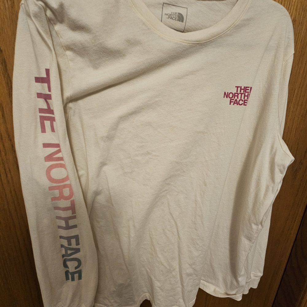The North Face Long Sleeve Tee in Cream with Pink Logo